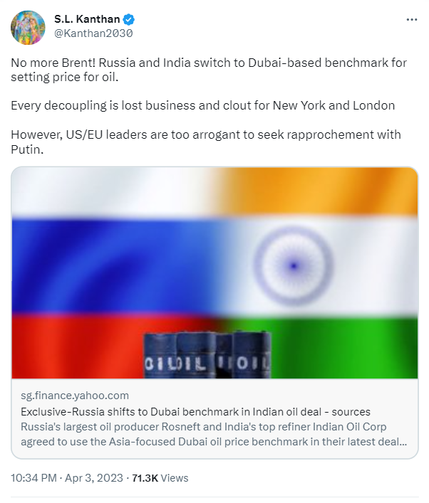 Russia and India have agreed to use the Dubai oil benchmark instead of Brent benchmark for oil deal