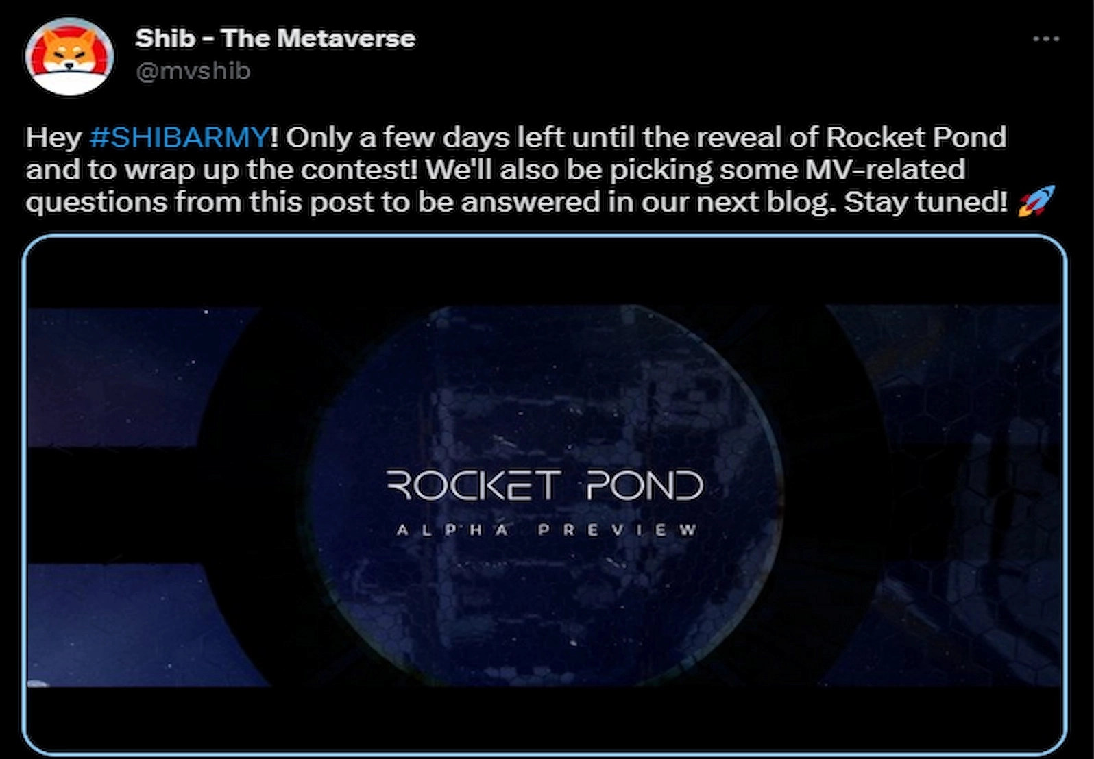 Shiba Inu announced an upcoming preview of its metaverse project Rocket Pond