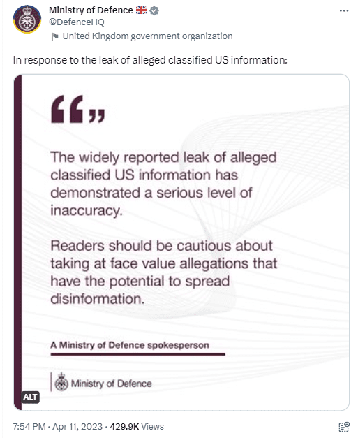 The UK has dismissed the leaked Pentagon Documents as inaccurate 