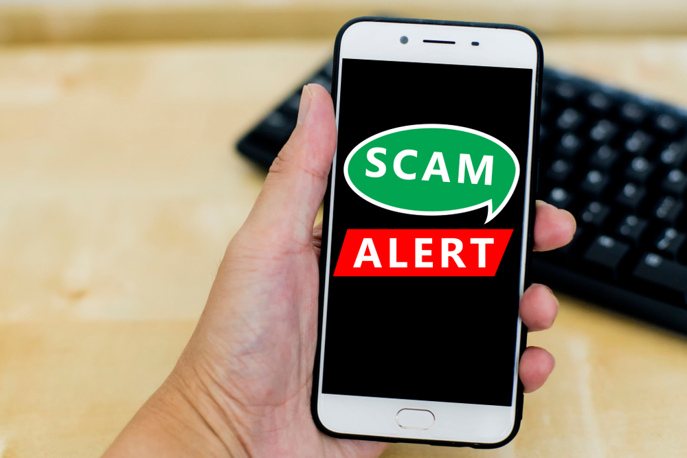 Close uo image of hand holding a smartphone with black screen and text scam alert. Internet issue and viral. Shallow DOF, selective focus.