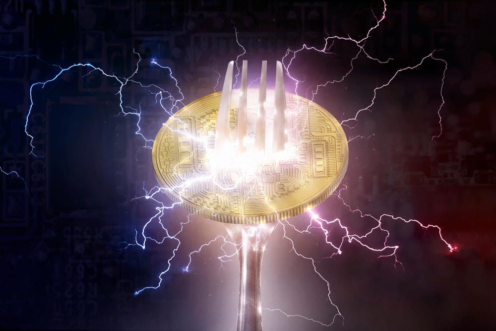 Bitcoin or Altcoin digital cryptocurrency hard fork change concept. and lightning network