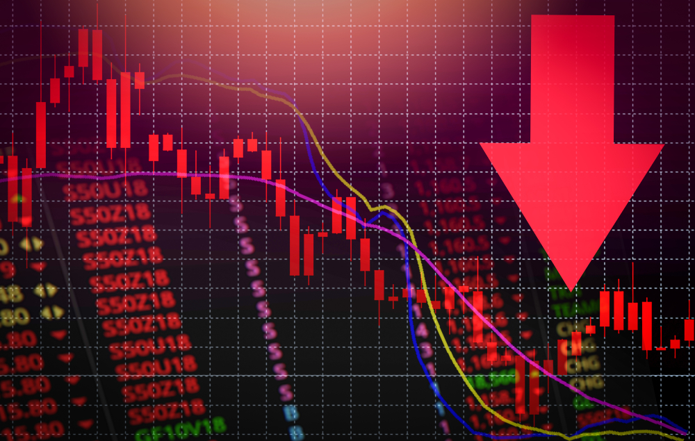 Stock crisis red price drop arrow down chart fall / Stock market exchange analysis or forex graph business and finance money losing moving economic inflation deflation investment loss crash