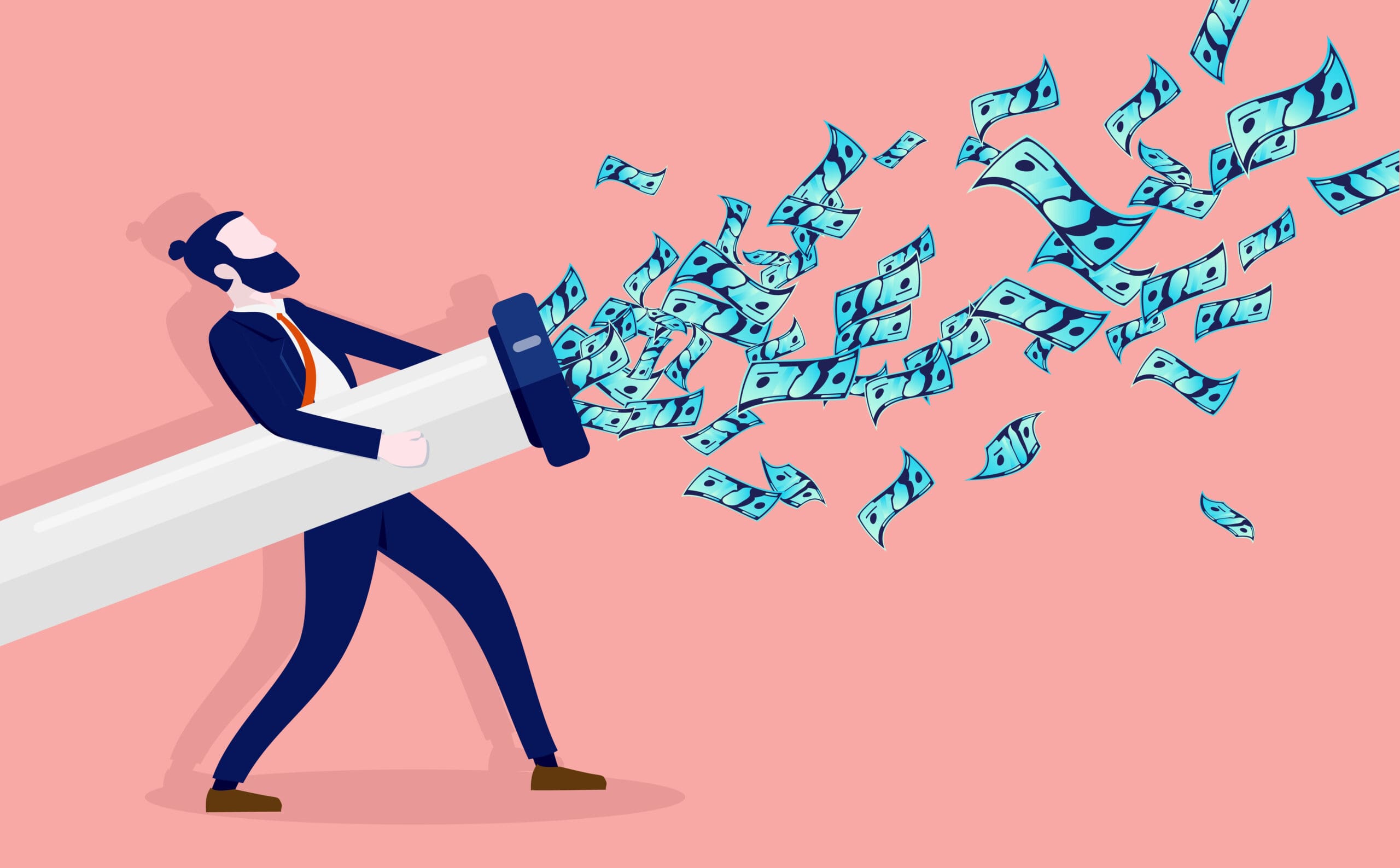 Business expenses - Man holding pipe spraying dollar bills in the air. Cash outflow, salaries and spending concept. Vector illustration.