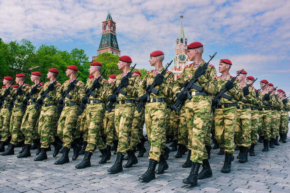The military are in arms. Victory Parade on Red Square in Moscow. The Russian army in red berets and green uniforms: Moscow, Russia, 09 may 2019.