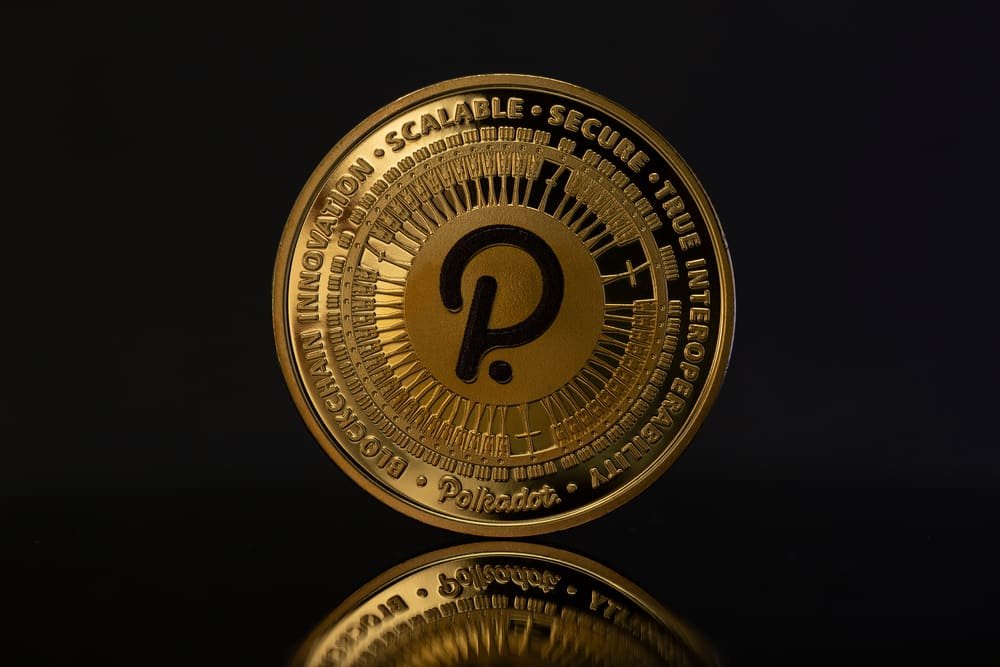Polkadot DOT Cryptocurrency physical coin placed on reflective surface in the dark background