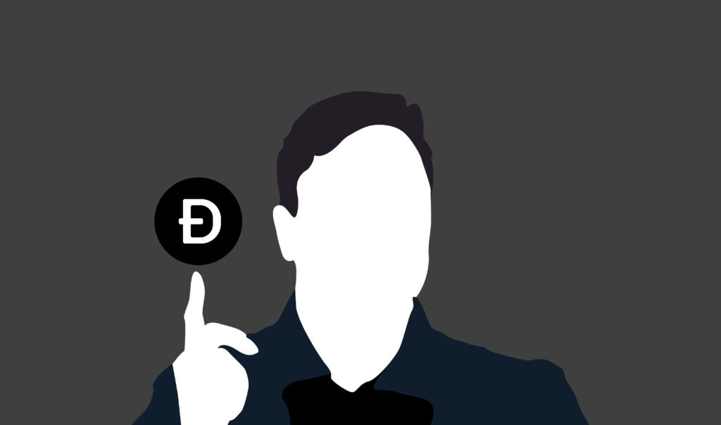 Elon Musk and Dogecoin, an illustration of the Dogecoin offer on a black background.