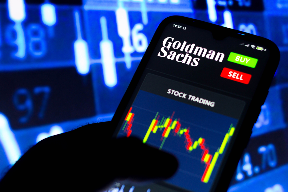 July 29, 2021, Brazil. In this photo illustration the Goldman Sachs Group logo seen on a smartphone screen with stock trading