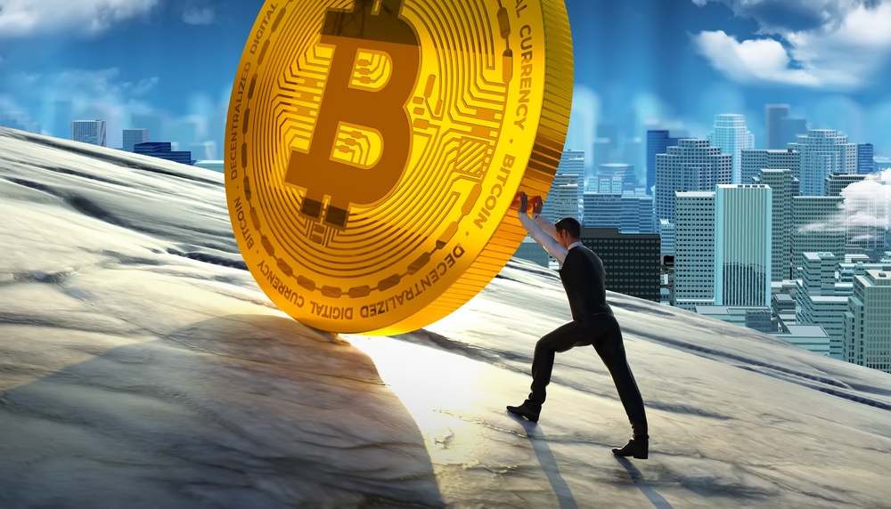 
3d rendering of a guy pushing bitcoin towards the top of a mountain or hill with the cityscape in the background, bitcoin cryptocurrency blockchain bullish concept