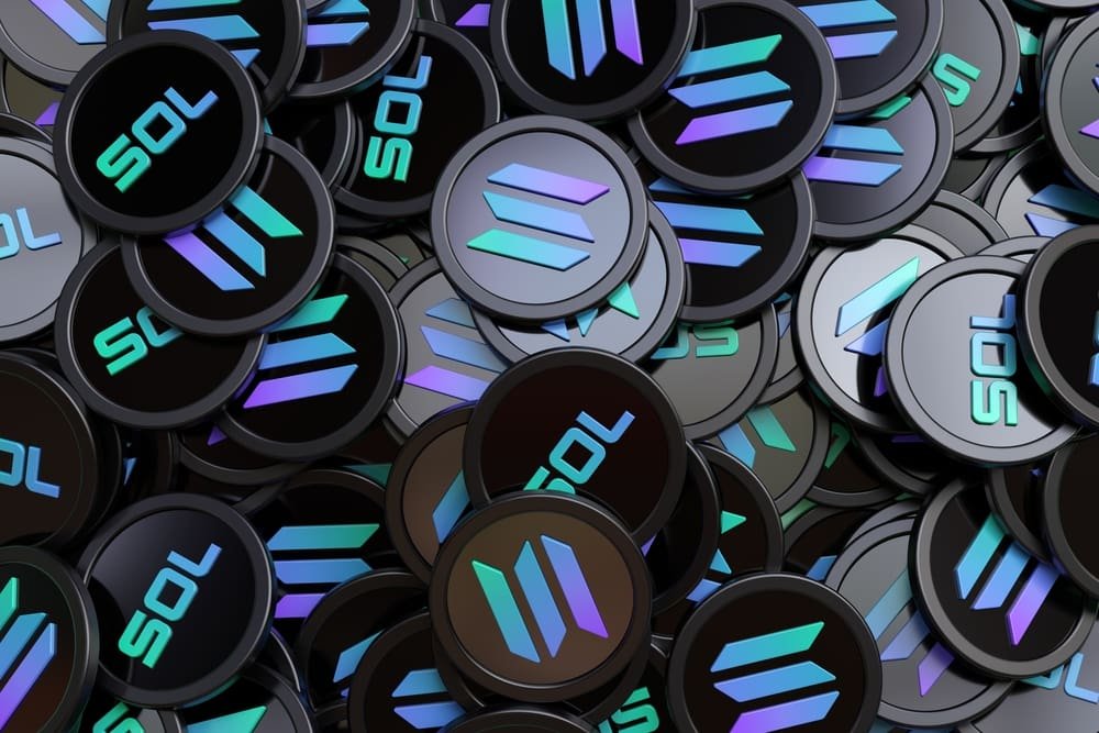 Solana Sol cryptocurrency wallpaper made of many randomly placed tokens. High quality 3D rendering.