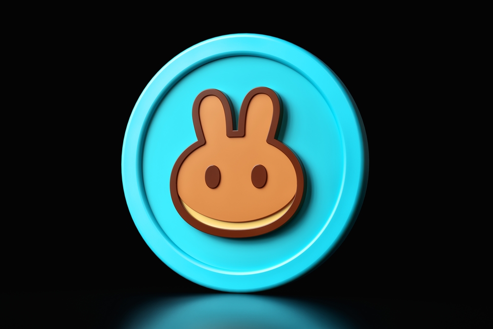PancakeSwap token 3D icon isolated on black background. Design suitable for cryptocurrency trading concepts. High quality 3D rendering.