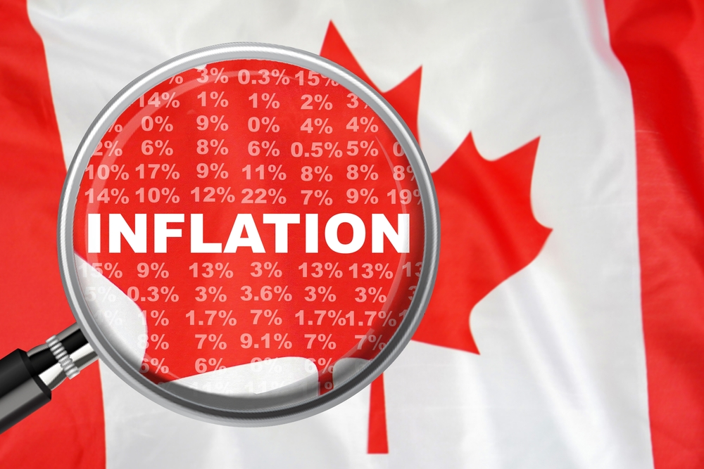 Magnifying glass focused on the word inflation on Canada flag background. Hike interest rate. Inflation income crisis. Inflation, tax, cash flow and another financial concept in Canada