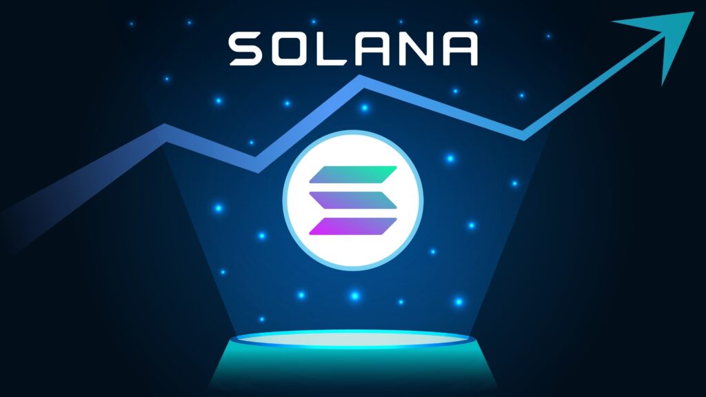 SOL, Solana in uptrend and price is rising. Crypto coin symbol and up arrow. SOL logo in podium with hologram effect concept for banner, website, landing page, ads.