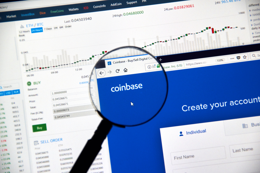 MONTREAL, CANADA - DECEMBER 23, 2017 : Coinbase cryptocurrency exchange website under magnifying glass