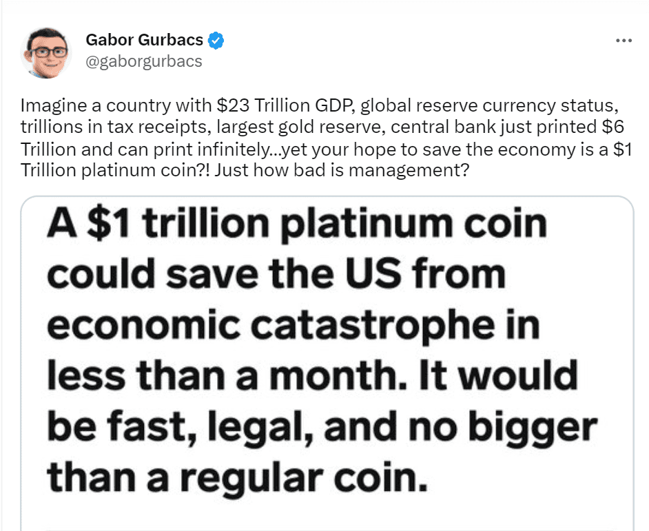 The US Treasury Department may mint a $1 Trillion Platinum Coin to pay off its debts in order to avoid a default amid debt ceiling crisis