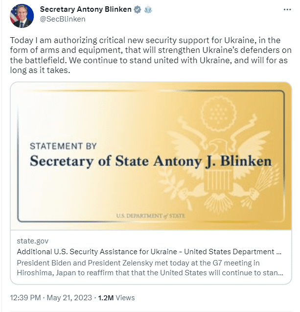Secretary of State Antony Blinken confirmed the latest US assistance to Ukraine