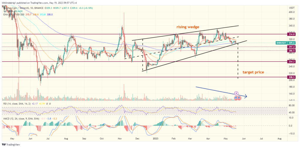 Binance coin (BNB) price action is in an increasing wedge.  Source: TradingView.com 