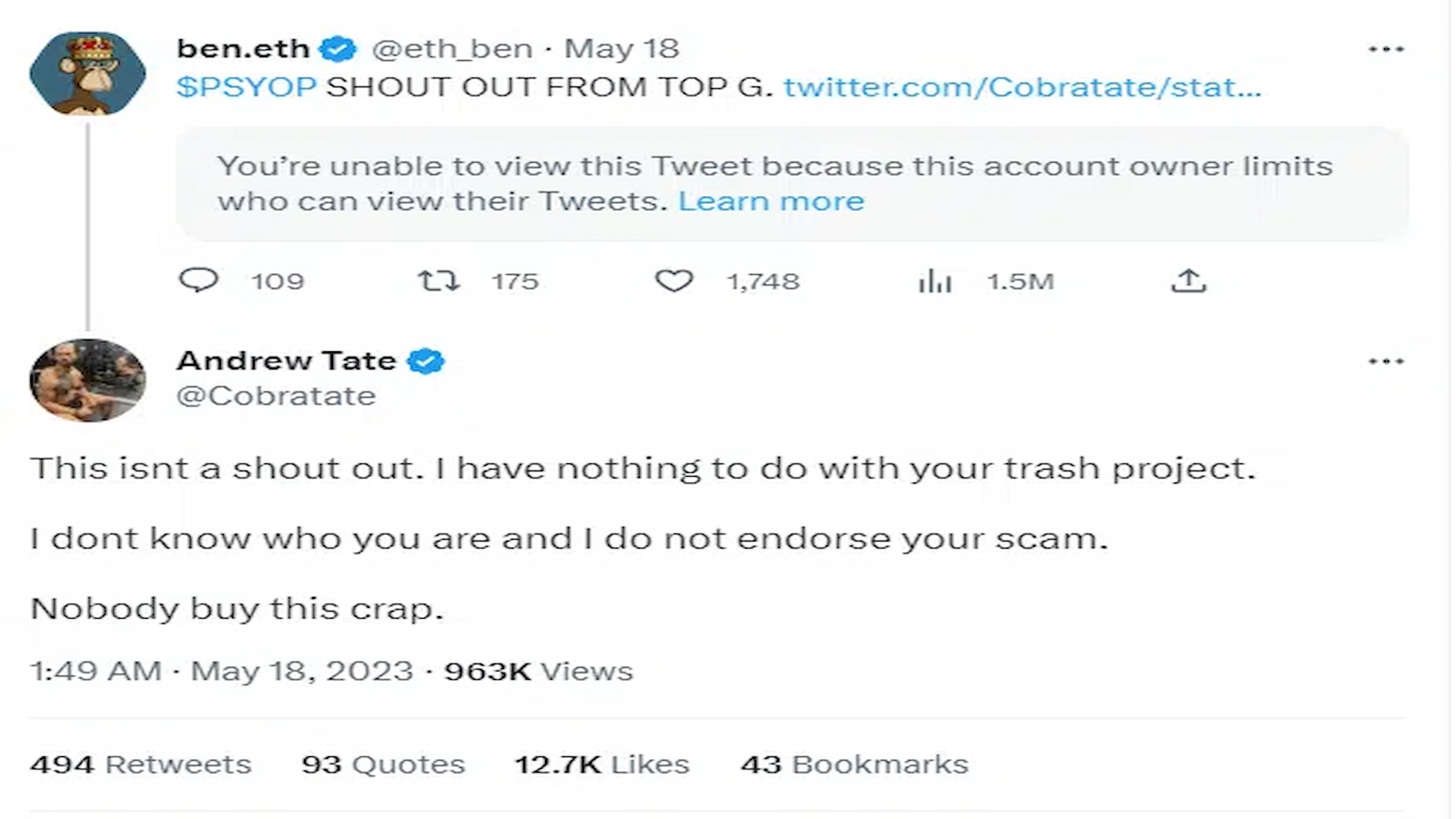 Andrew Tate denied association with PSYOP scam
