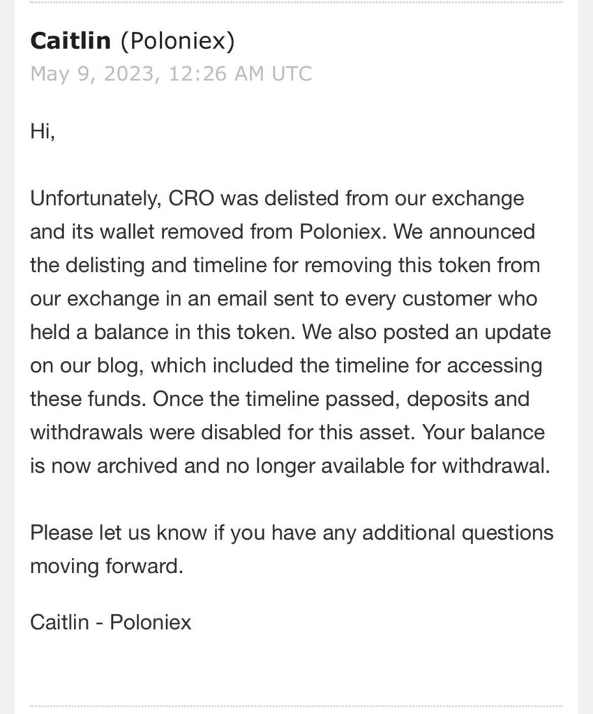  An investor lost 89,000 Crypto.com (CRO) coins vanished from his account on crypto exchange Poloniex after the exchange delisted the token.