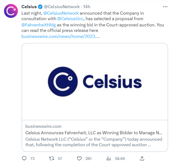 Cryptocurrency consortium Fahrenheit has won the bid to acquire bankrupt cryptocurrency firm Celsius Network. 