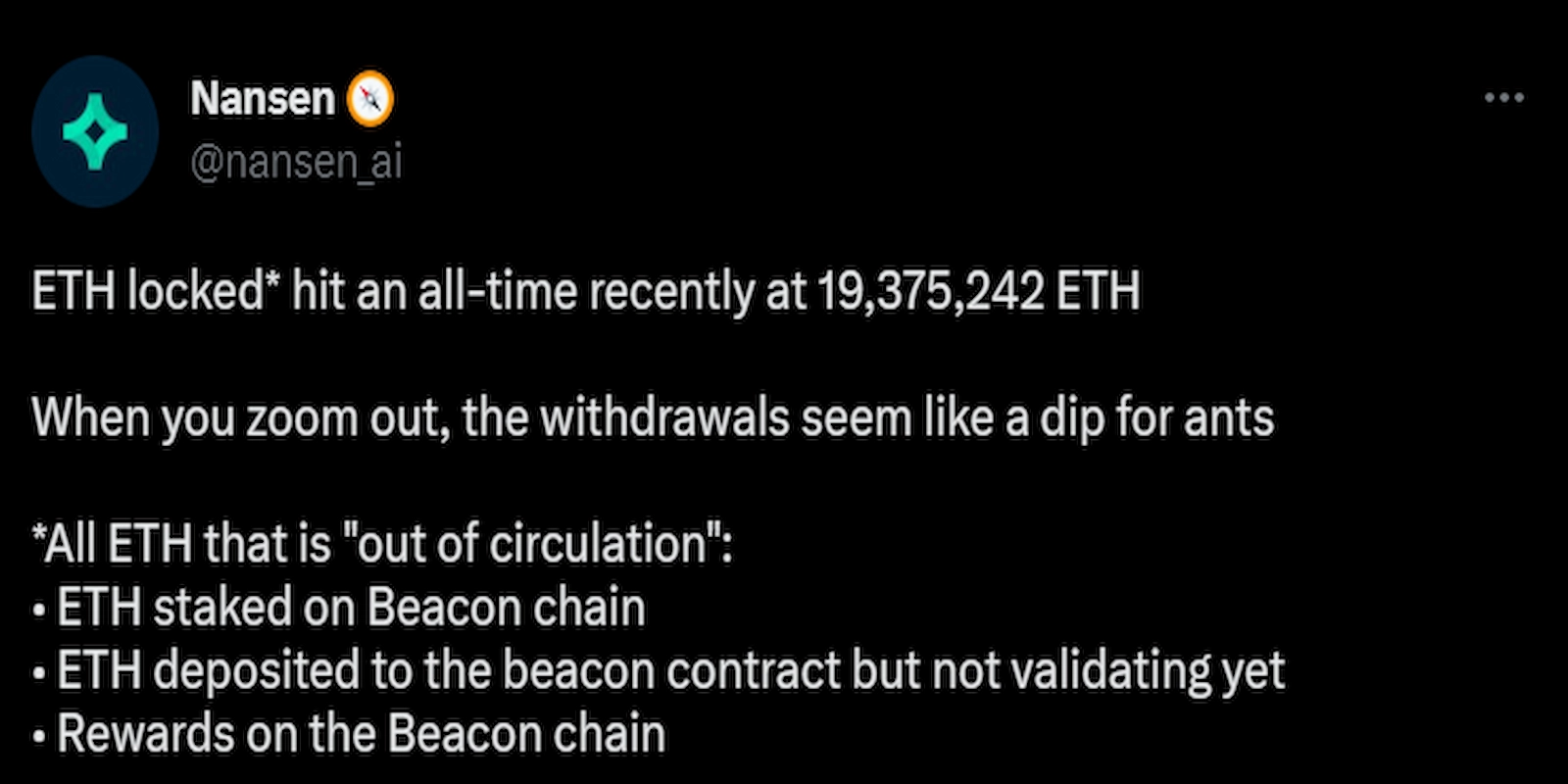 Nansen shared that locked ETH reached a new record high.