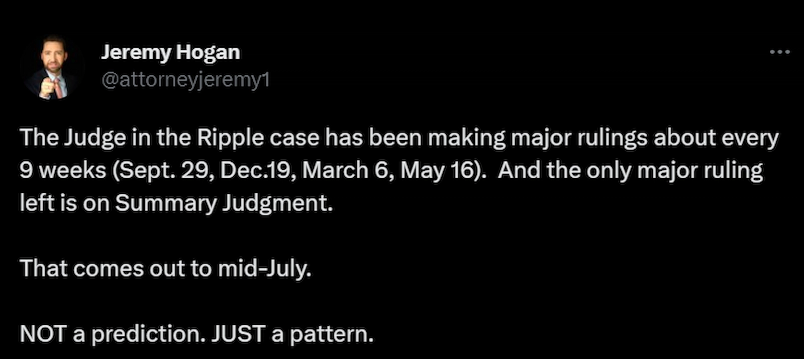 Jeremy Hogan claimed pattern suggests Ripple SEC lawsuit resolution by July