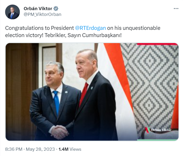 Hungarian President Viktor Orban congratulated his Turkish counterpart Erdogan after the historic runoff win against  opposition candidate Kemal Kilicdaroglu.