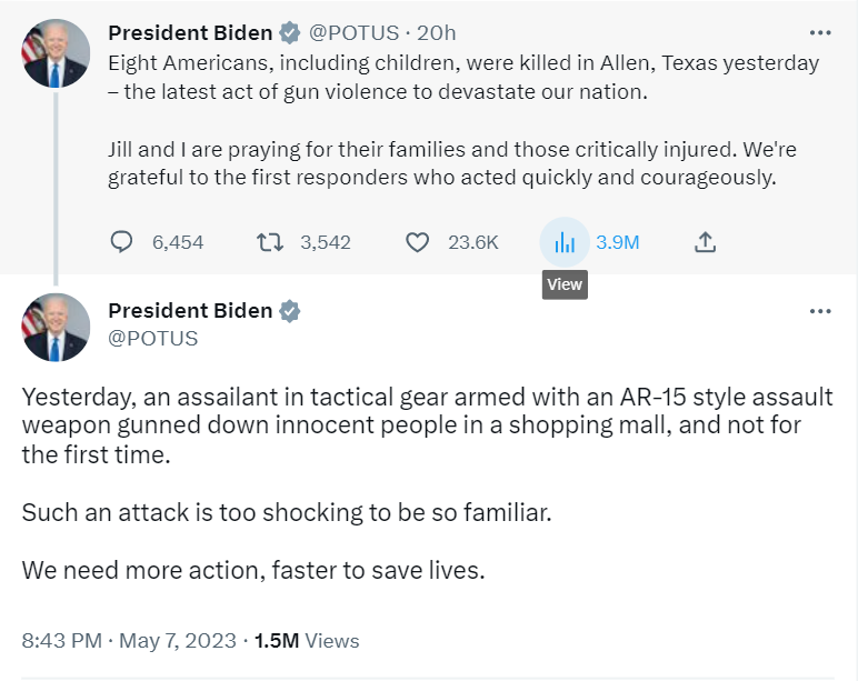 The Biden Administration has condemned the mass shooting in  Allen, Texas and called for ban on assault weapons. 8 people have died in the recent incident.