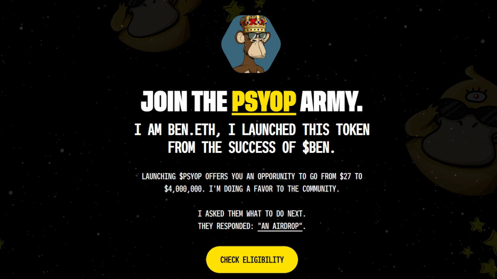 The PSYOP airdrop website has only one page