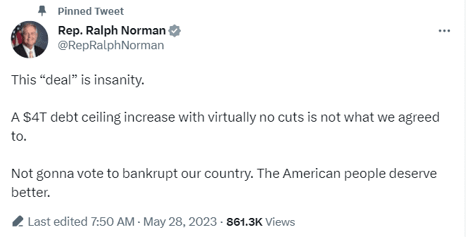 Republican Lawmaker Ralph Norman is unhappy with the deal Speaker Kevin McCarthy struck with President Joe Biden concerning the US debt ceiling to avoid a default.