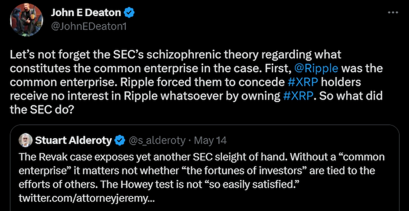 Deaton stated that the SEC's theory on common enterprise was schizophrenic
