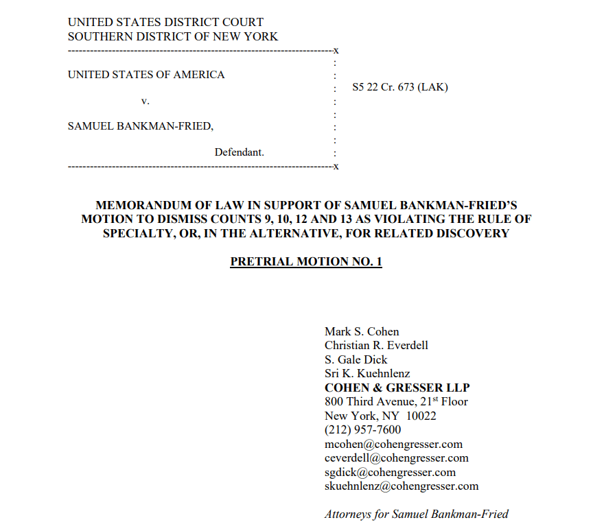 Defunct cryptocurrency exchange FTX CEO Sam Bankman-Fried (SBF) Wants Court to Dismiss Criminal Charges Against Him.SBF's legal team have requested charges on four counts to be dropped against him.
