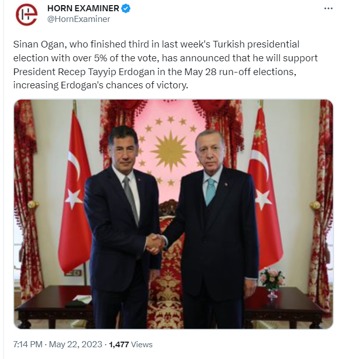 Ultra-nationalist politician Sinan Ogan, who received over 5% of the votes in the first round, has expressed support for Erdogan in the runoff Turkish elections. 