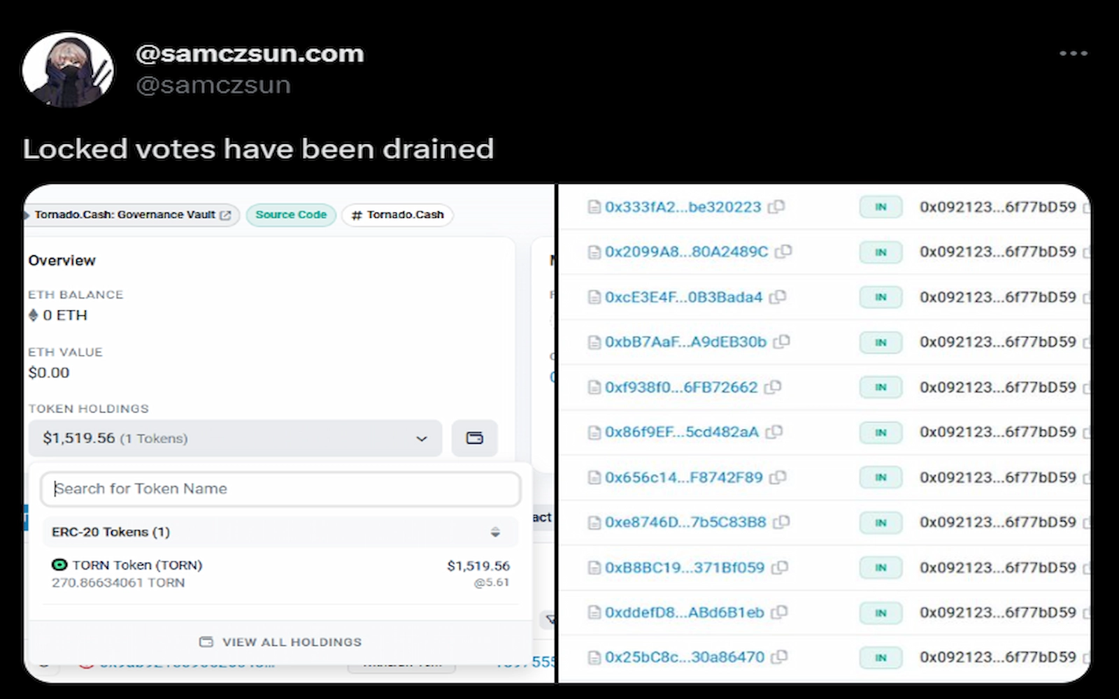A Paradimn researcher shared hackers drained the locked votes from the Tornado Cash contract
