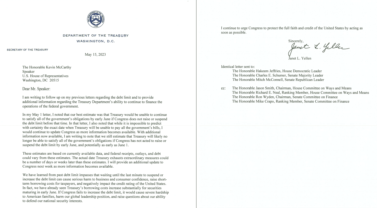 US Treasury Secretary has again warned that the Biden Administration could run out of money by June 1 if the Congress fails to increase or abolish the debt ceiling.