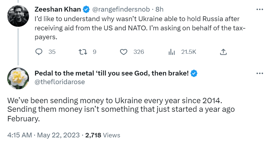Several social media users have criticized the Biden Administration for its financial and military assistance to Ukraine after Russia established control over Bakhmut.