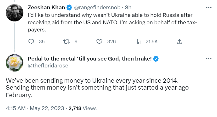 Several social media users have criticized the Biden Administration for its financial and military assistance to Ukraine after Russia established control over Bakhmut.
