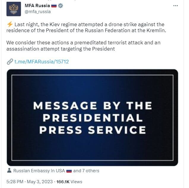 Russia's Ministry of External Affairs called the incident "a premeditated terrorist attack" after Ukraine Attempts to Assassinate Vladimir Putin Using Drones