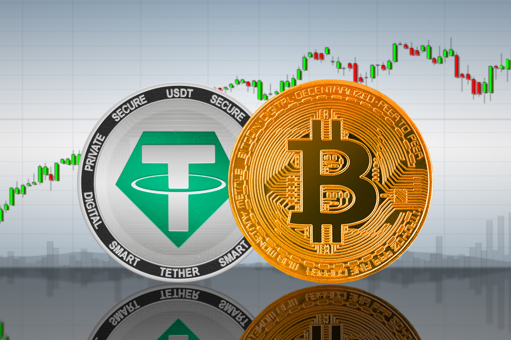 Bitcoin (BTC) and Tether (USDT) coins on the background of the chart; bitcoin and tether cryptocurrency; crypto exchange