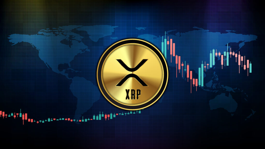 abstract futuristic technology background of xrp ripple digital cryptocurrency and market graph candle stick green red