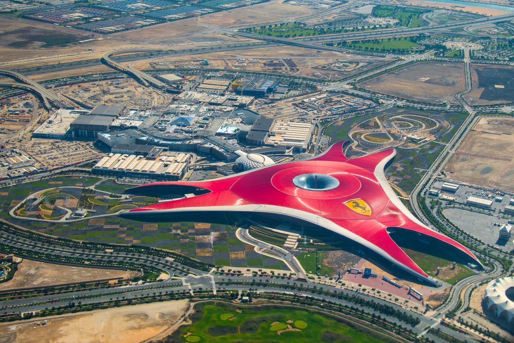 ABU DHABI, UNITED ARAB EMIRATES - MAY 23, 2013: Aerial view of Ferrari World Park is the largest indoor amusement park in the world.