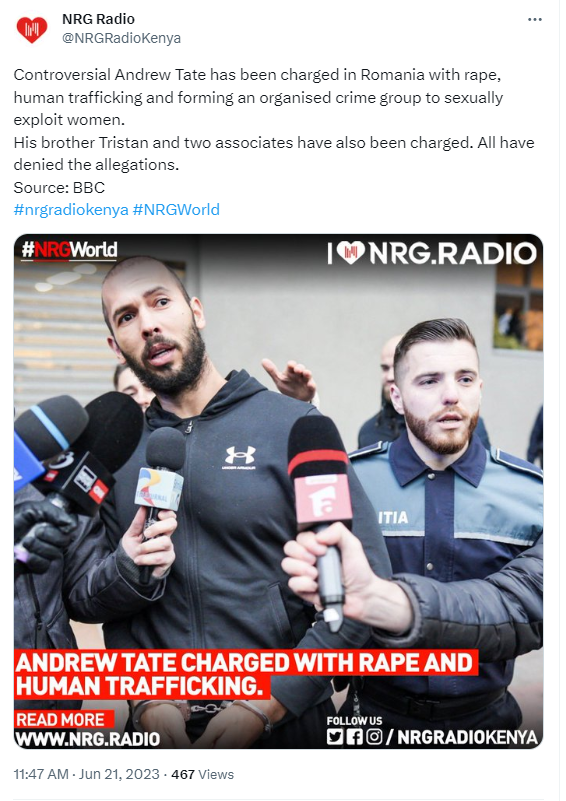 Andrew Tate & brother Tristen charged with rape & human trafficking by Romanian authorities. Bitcoin (BTC) worth $565,000 to be confiscated
