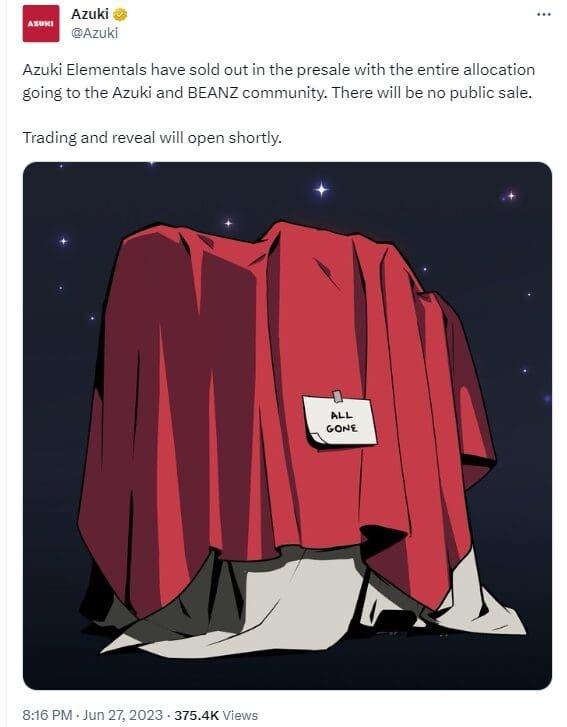 Azuki Elementals NFT Mint Sold Out in Less Than 15 Minutes after its launch. The project will also drop a new collection called green bean