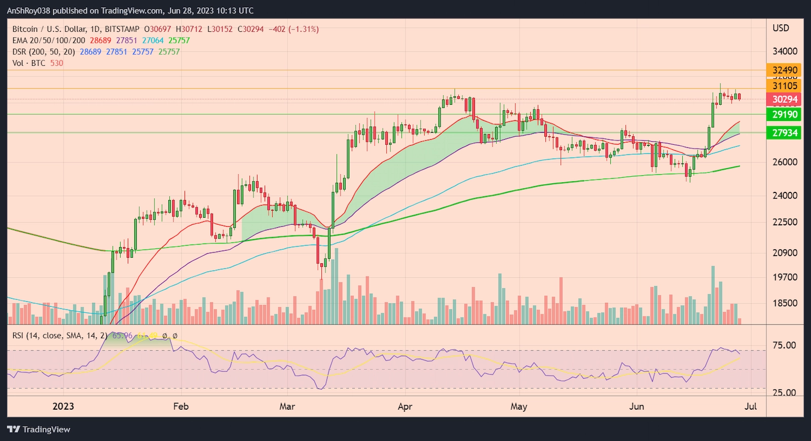 BTCUSD daily price chart with RSI. 