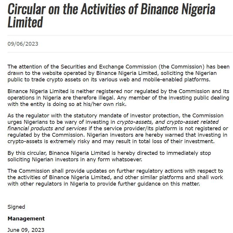 Binance CEO Changpeng Zhao (CZ) claims Binance Nigeria Limited, booked by the country's Securities and Exchange Commission, is a scam. 