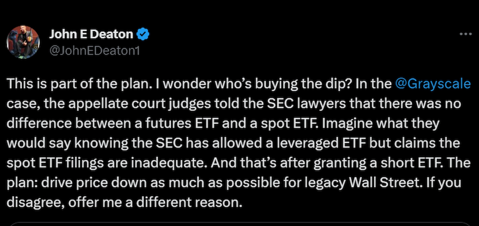 Crypto lawyer John Deaton stated the SEC declined the ETF applications to drive down BTC price