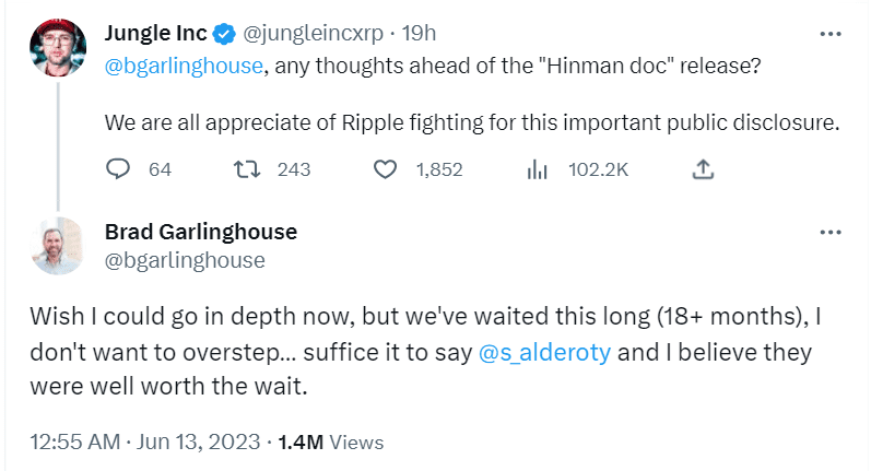 Ripple CEO Brad Garlinghouse is excited about the release of Hinman Documents