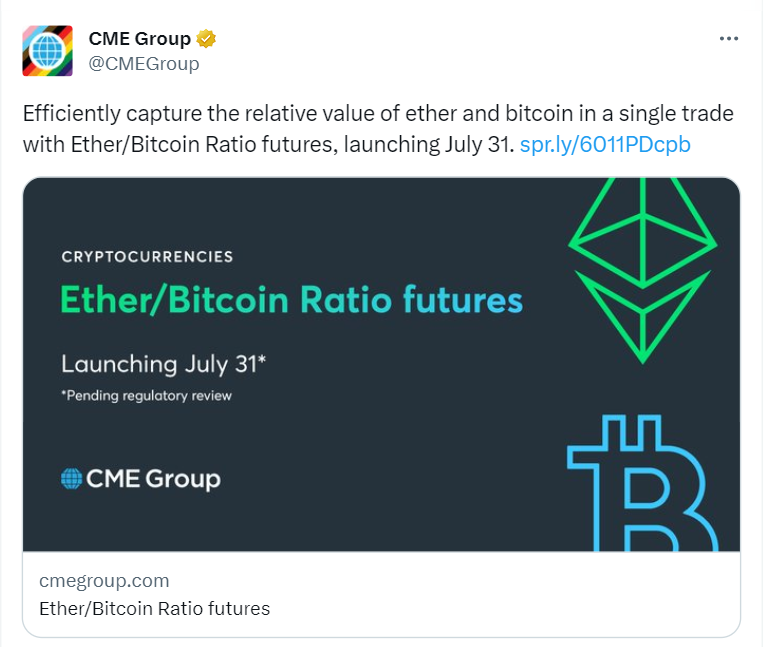  CME Group, one of the biggest derivatives marketplaces, has announced plans to launch a Ether (ETH) / Bitcoin (BTC) Ratio futures next month
