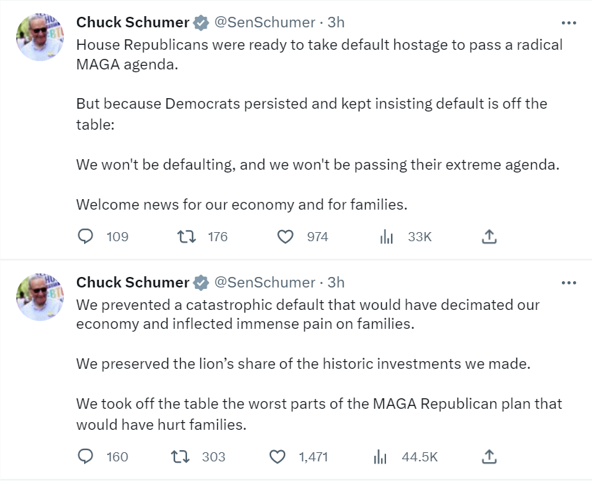 US Senate majority leader Chuck Schumer claimed all credit goes to the Democratic Party and Joe Biden after the Congress passed a bill suspending the debt ceiling in the United States 