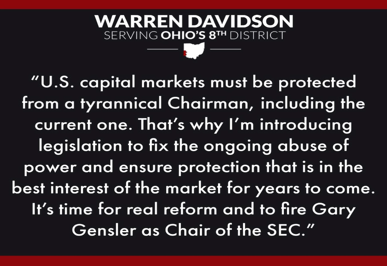 Congressman Warren Davidson called for the removal of Gary Gensler as SEC chairman.