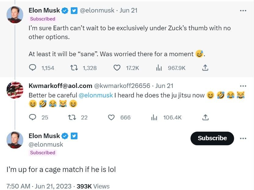 Tesla CEO Elon Musk has challenged Mark Zuckerberg to a cage fight. The Facebook chief accepted the challenge.